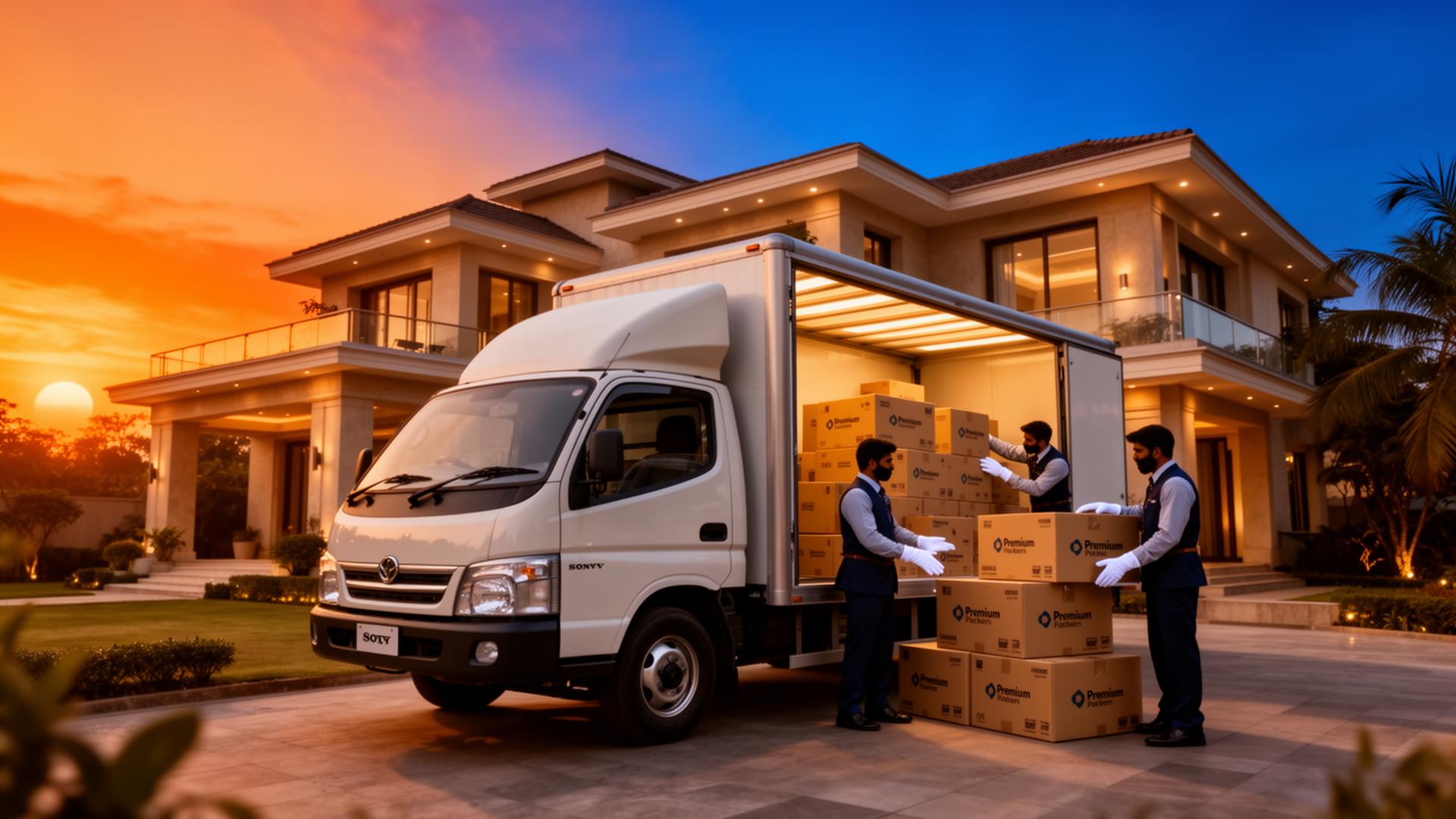 Premium Sri Balaji moving truck loaded outside a luxury home at sunset